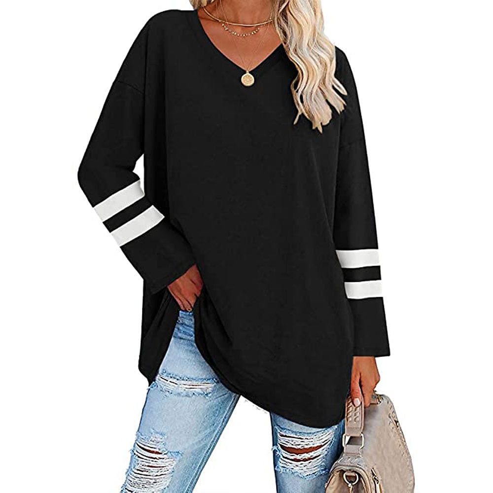 Pentru femei Tricou Dungi Zilnic De Bază Manșon Lung În V Topuri obișnuite Casual Sfârșit de săptămână Negru Alb Roz Îmbujorat Roșu-aprins Albastru piscină Toamna iarna 2025 - $27.99 –P14