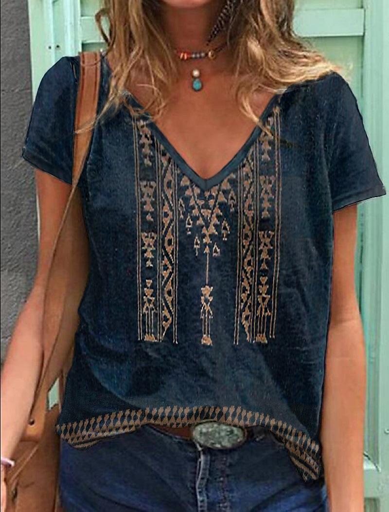 Women's T shirt Tee Blue Geometric Daily Going out Basic Ethnic V Neck S 2025 - $19.99 –P1