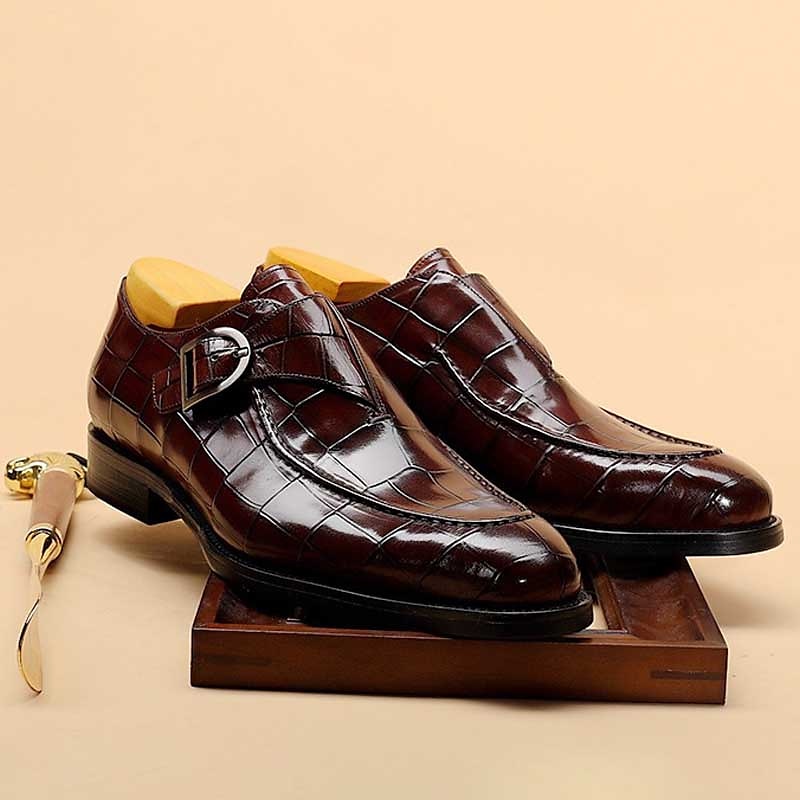 Burgunderrote Monkstrap-Schuhe aus Kunstleder mit Krokodilmuster für Herren – elegantes, formelles Schuhwerk mit Schnallendesign für Hochzeiten, das Business und besondere Anlässe 2025 - $46.99 –P5