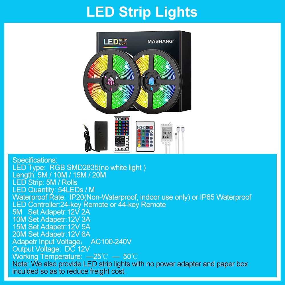 LED Strip Lights RGB 5M 10M 15M 20M LED Lights Flexible Color Change SMD  with IR Remote Controller and 100-240V Adapter for Home Bedroom Kitchen TV  Back Lights DIY Decor DC12V 8095028