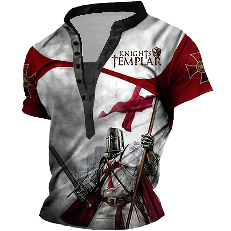 Herr Grafisk Templarkorset Tempelriddare T-shirt Henleytröja T-shirts Kortärmad 3D-tryck Designer Grundläggande Ledigt Utomhus Dagligen Sport Sommar Vit Blå Brun Grön Kaffe Hög krage Henley T-shirt 2025 - $20.99 –P1