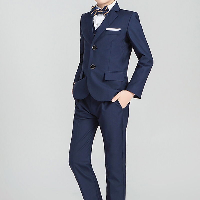 4 Pieces 5 Pieces Ring Bearer Suit Boys Kids Toddler Suit Formal Suit Suit & Blazer Suit Vest Jacket & Pants Formal Anniversary Party Back to School Fashion Gentle Solid Color Black Navy Blue Cotton 2025 - $69.99 –P12
