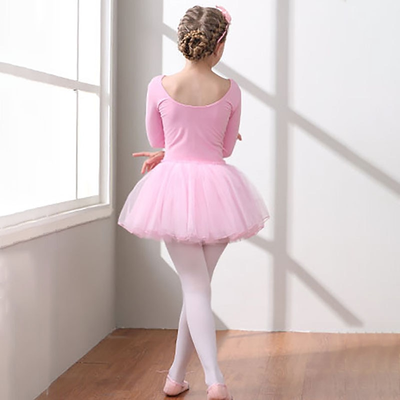 2026年 子供用ダンスウェア バレエ ドレス ピュアカラー スプライシング チュール 女の子 訓練 性能 長袖 ハイウエスト コットン混 チュール  コレクション – $28.99 –P1