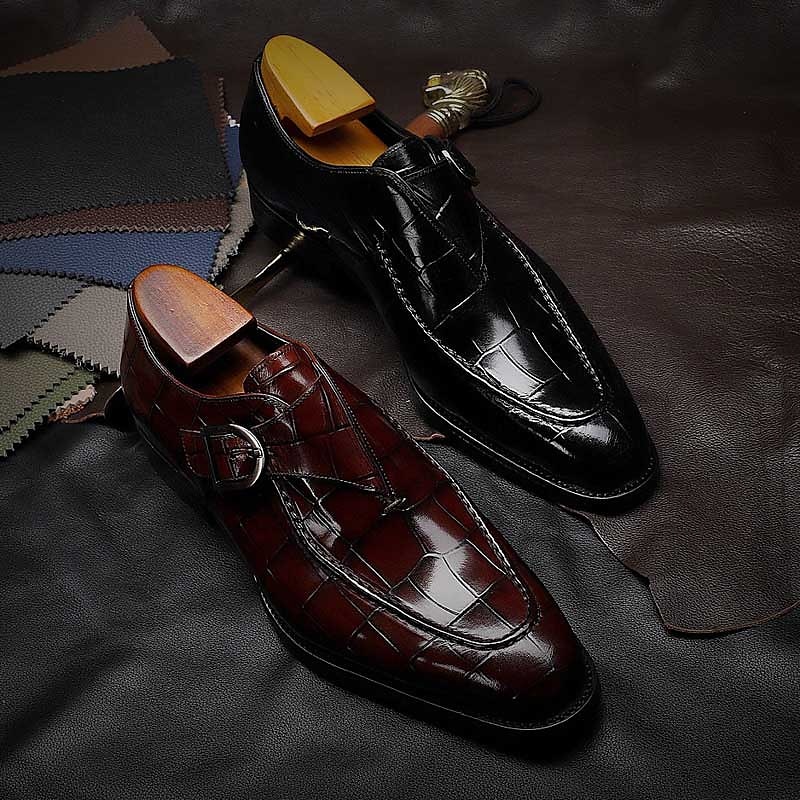 Burgunderrote Monkstrap-Schuhe aus Kunstleder mit Krokodilmuster für Herren – elegantes, formelles Schuhwerk mit Schnallendesign für Hochzeiten, das Business und besondere Anlässe 2025 - $46.99 –P6