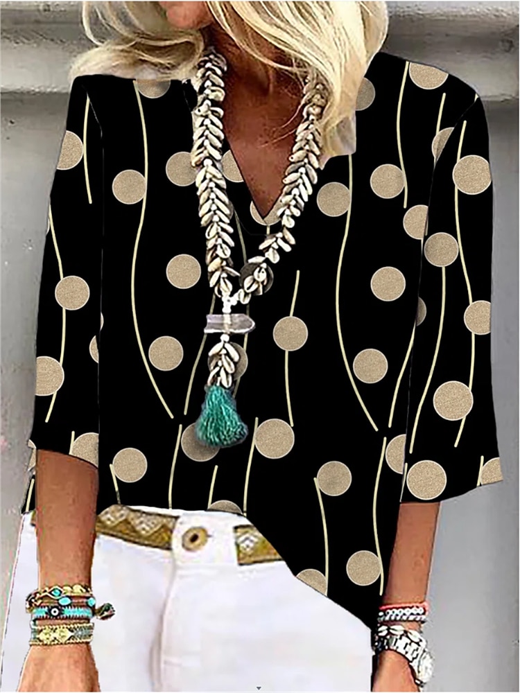 Camisa de Mujer Básica Casual Estampado en Parches Manga 3/4 Tops Regulares Cuello en V Casual Diario Vacaciones Negro Azul 2025 - $25.99 –P1