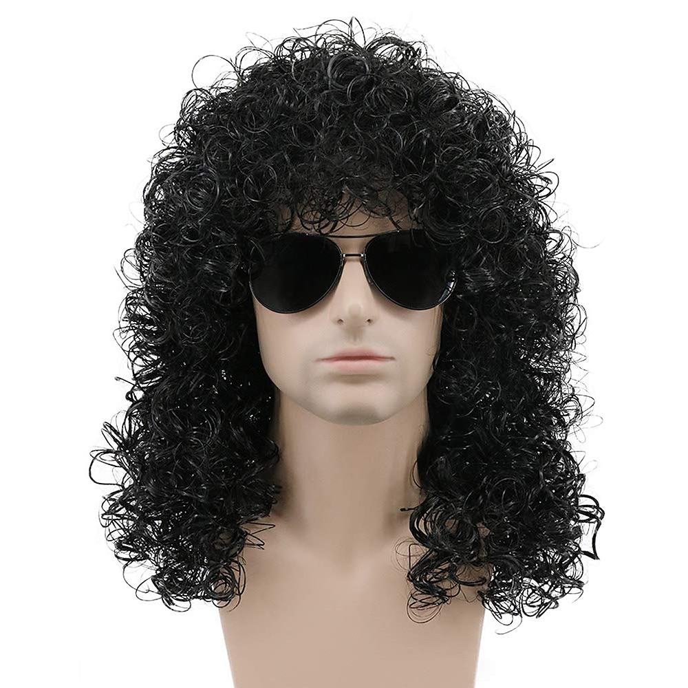 70s 80s Rocker Mullet Wig Cosplay Wig Mens Long Curly Black Wig