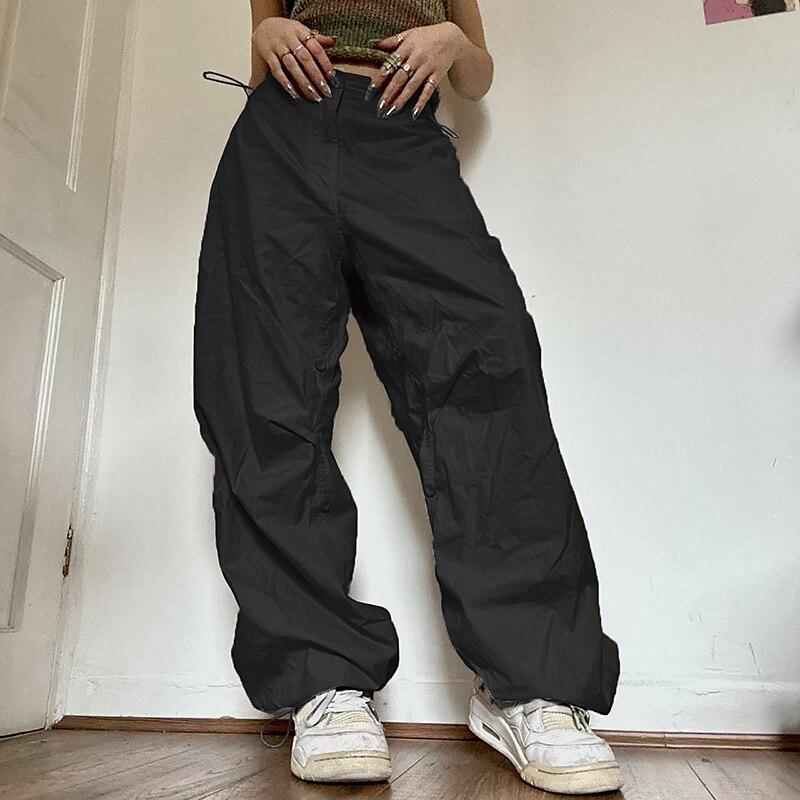 Women‘s Cargo parachute pants Trousers Baggy Full Length Cotton Blend Side Pockets Baggy Micro-elastic Mid Waist Fashion Casual Weekend Black Brown S M Summer Spring &  Fall 2023 - US $29.99 –P7