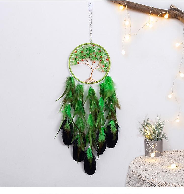 Viața copacului verde apărător de vise cadou realizat manual cârlig cu pene clopoțel de vânt ornament agățat decor artă stil boho 16*70cm 2025 - $25.99 –P3
