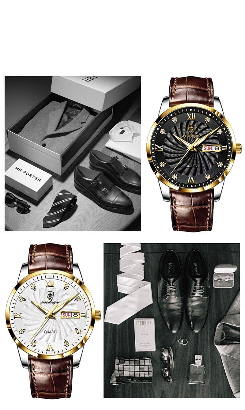 Miesten kvartsikello muoti luksus rento miesten analoginen rannekello nahkaremmi kalenteri päivämäärä viikko hehkuva vedenpitävä kvartsikellot 2025 - $22.99 –P9