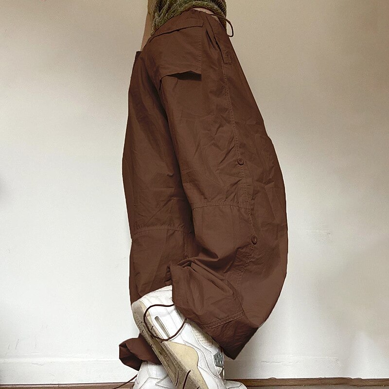 Women‘s Cargo parachute pants Trousers Baggy Full Length Cotton Blend Side Pockets Baggy Micro-elastic Mid Waist Fashion Casual Weekend Black Brown S M Summer Spring &  Fall 2023 - US $29.99 –P12