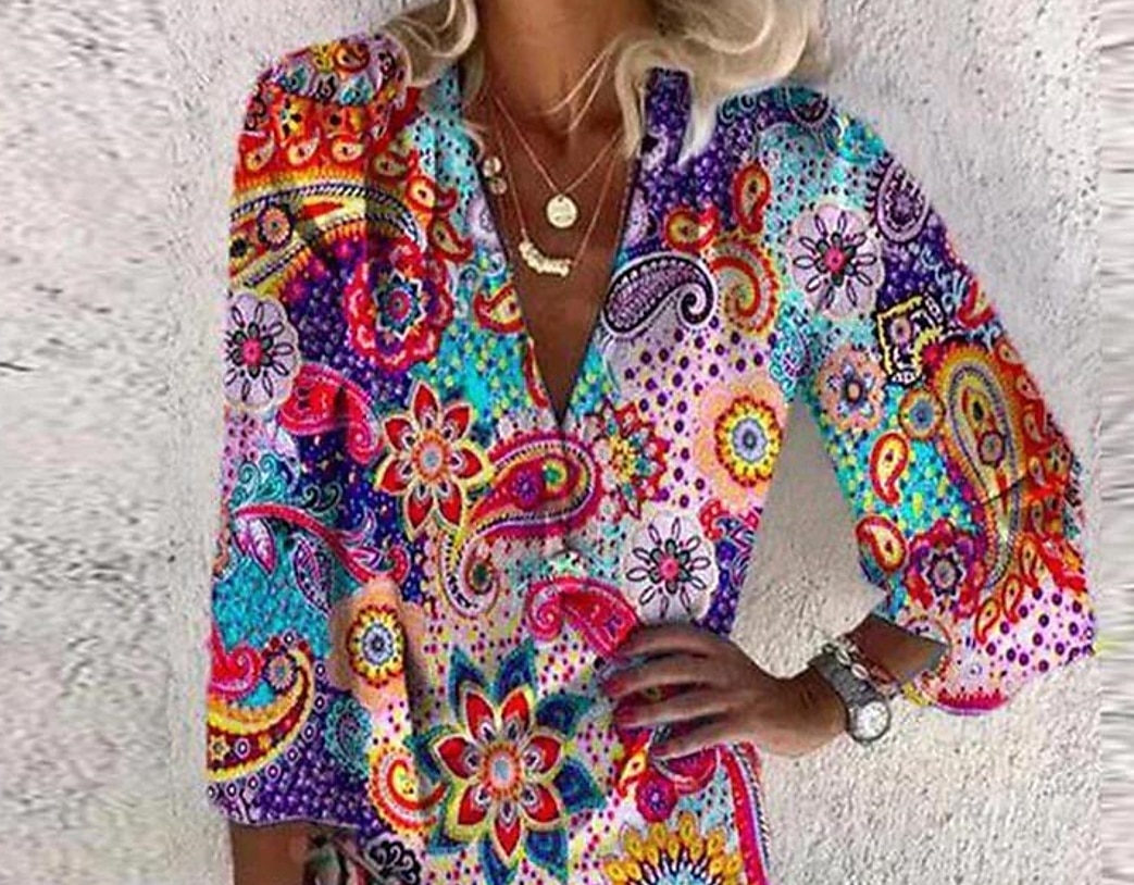 damen casual kleid ethno kleid minikleid rot 3/4 ärmel floral print sommer frühling herbst v-ausschnitt casual weekend 2023 s m l xl xxl 3xl 2025 - $31.99 –P2