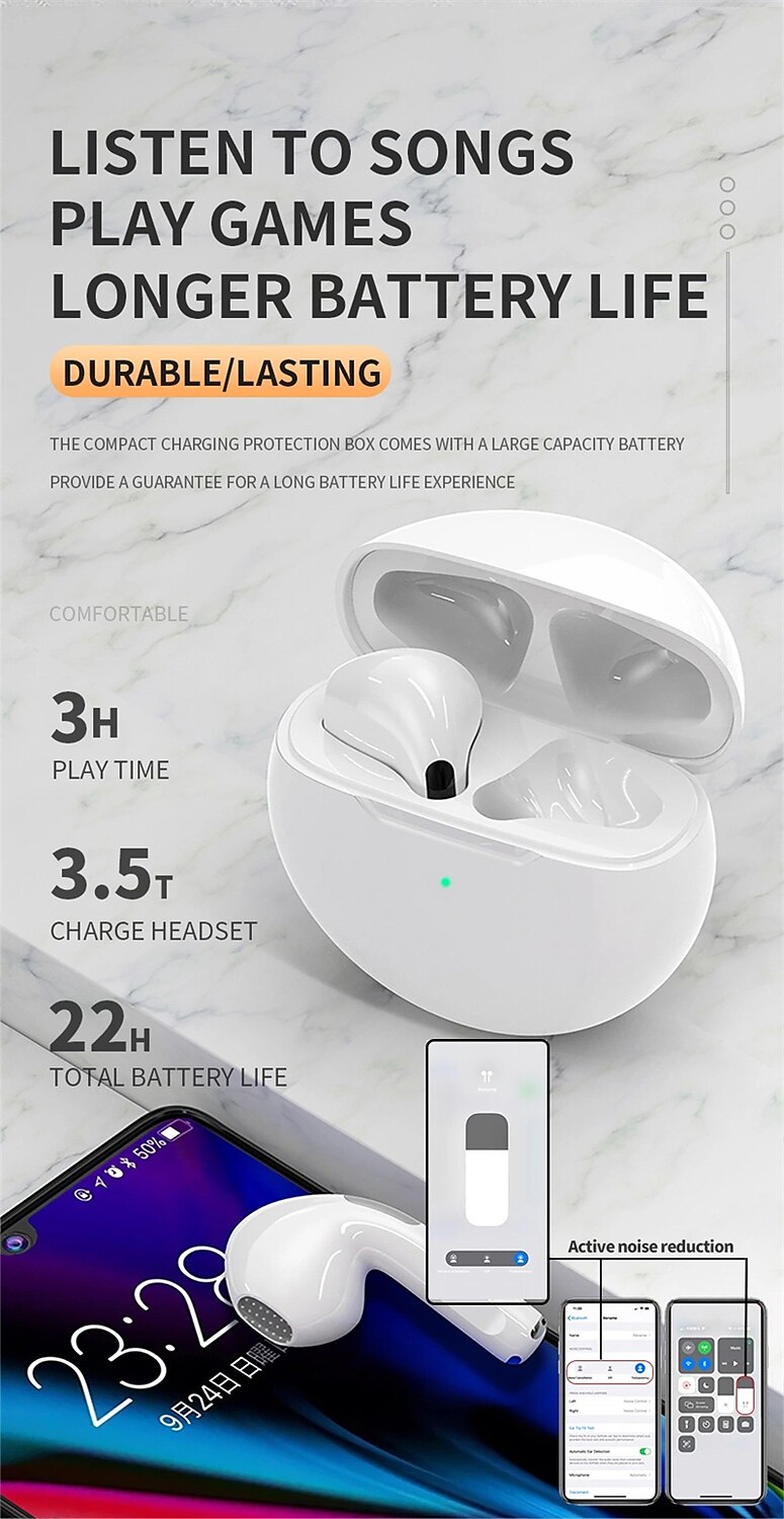 2025年 PRO6 TWSトゥルーワイヤレスヘッドフォン 耳の中 Bluetooth 5.1 ステレオ 充電ボックス付き スマートタッチコントロール のために Apple Samsung Huawei Xiaomi MI ズンバ 日常使用 旅行 携帯電話  コレクション – $13.99 –P4