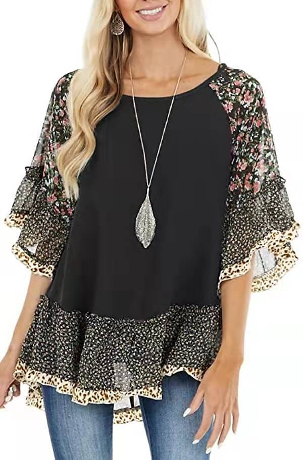 Damskie Koszula Koszula Boho Tunika Bluzka Kwiaty Panterka Moda miejska Codzienny Rękaw 3/4 Okrągły dekolt Zwykłe topy Codzienny Weekend Falbana Nadruk Lejąca tunika Czarny Biały Jasnozielony 2025 - $31.99 –P9