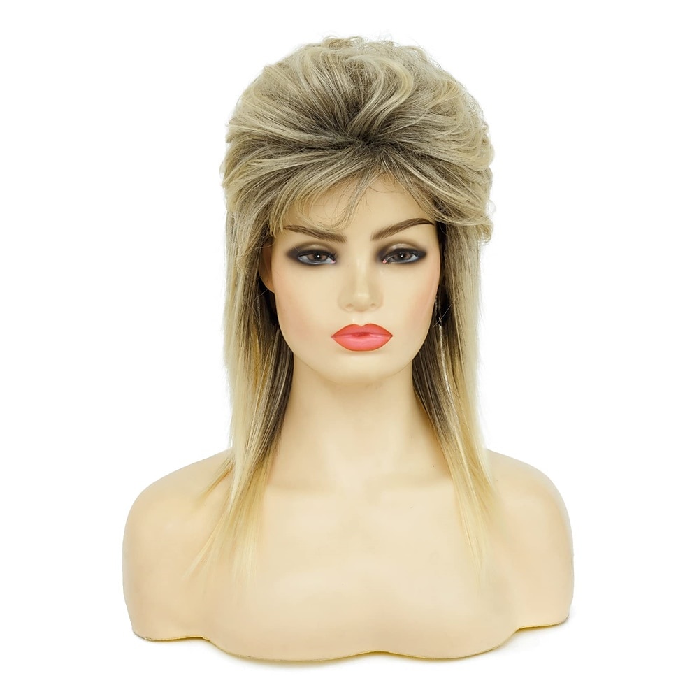 Parrucche a Nido d'Api Parrucca Mullet Capelli Metal Bionda Parrucca Mullet per Donne Ombre Nere Ricce Morbide Resistenti al Calore Capelli Lunghezza Spalla Rocker degli Anni '80 Cosplay Radici Scure del 2025 a $28.99 –P2
