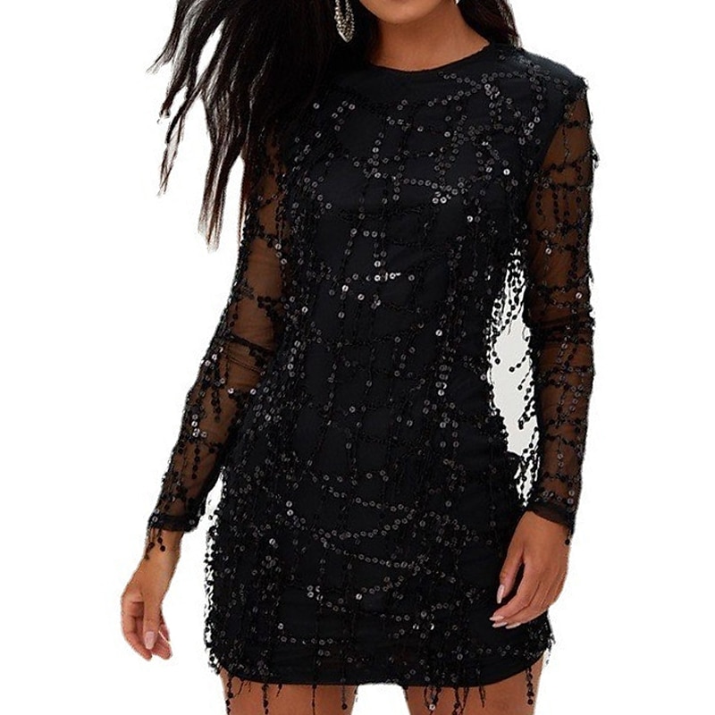 Women‘s Sequin Dress Fringe Dress Party Dress Sparkly Dress Little Black Dress Sexy Dress Black Homecoming Dress Mini Dress Long Sleeve Fall Winter Autumn Crew Neck Fashion Winter Dress Fall 2023 - US $36.99 –P4