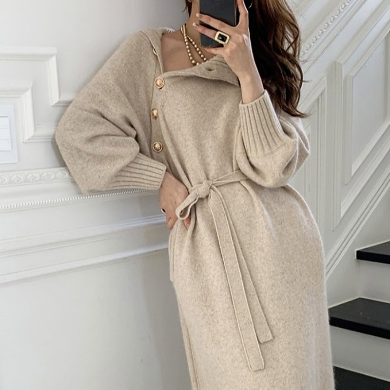 dam tröja klänning vinter klänning fodral klänning knälång klänning svart khaki beige långärmad ren färg knapp höst vinter höst polokrage snygg vinter klänning höst klänning lös passform 2023 one-size 2025 - $38.99 –P5