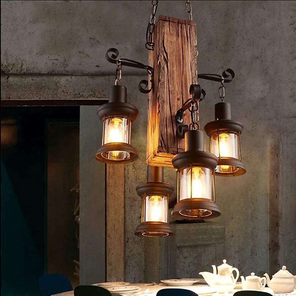 Wooden Retro Chandelier Industrial Retro Chandelier Black Metal Bedroom Dining Room Suspension Lantern Frame with Glass Shade House Loft Bar Coffee Decoration Chandelier Accessories, E27 2025 - $174.99 –P5