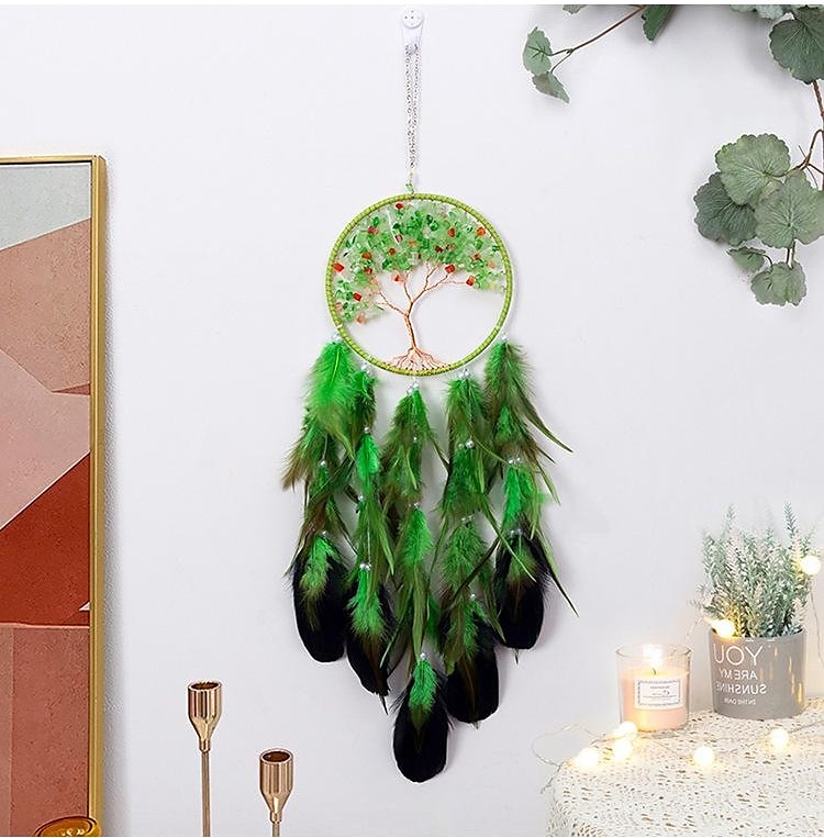 Viața copacului verde apărător de vise cadou realizat manual cârlig cu pene clopoțel de vânt ornament agățat decor artă stil boho 16*70cm 2025 - $25.99 –P4