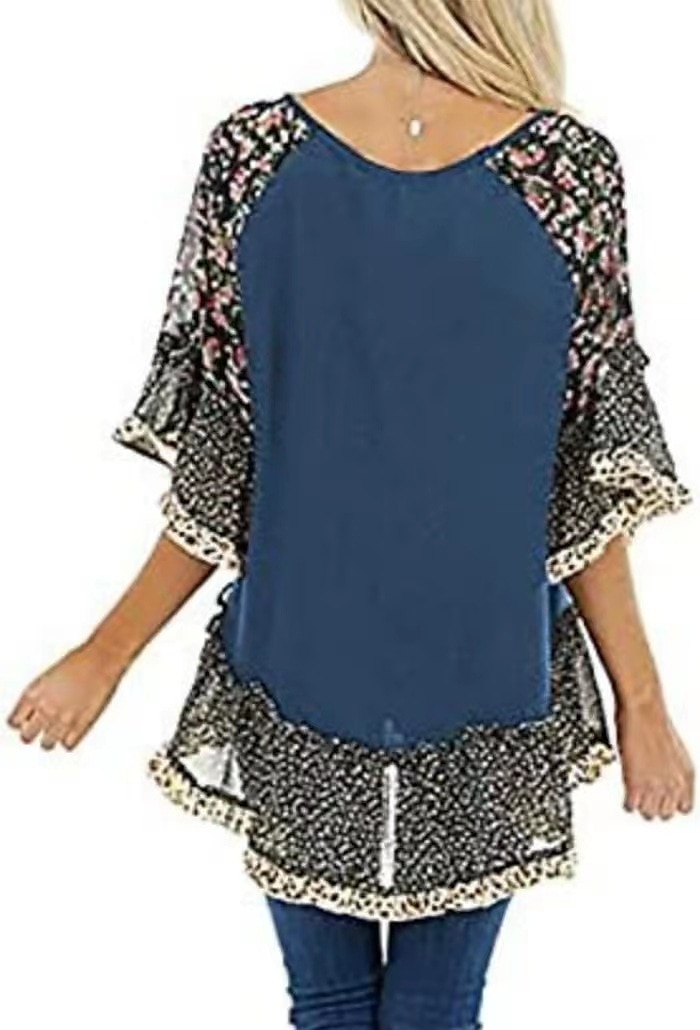 Damskie Koszula Koszula Boho Tunika Bluzka Kwiaty Panterka Moda miejska Codzienny Rękaw 3/4 Okrągły dekolt Zwykłe topy Codzienny Weekend Falbana Nadruk Lejąca tunika Czarny Biały Jasnozielony 2025 - $31.99 –P3