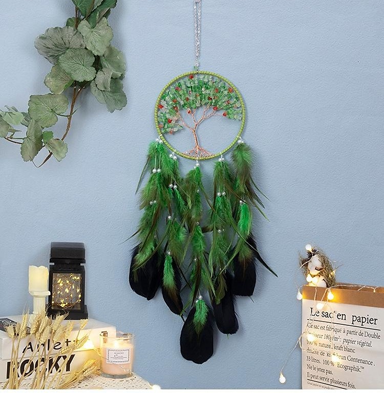 Viața copacului verde apărător de vise cadou realizat manual cârlig cu pene clopoțel de vânt ornament agățat decor artă stil boho 16*70cm 2025 - $25.99 –P2
