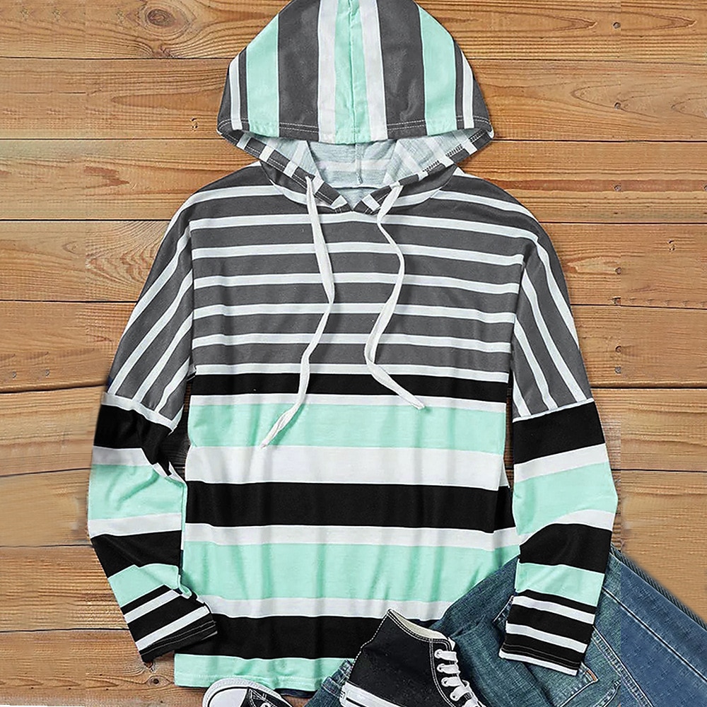dame hettegenser sweatshirt pullover aktive sportsklær stripet fritidssport hette hette snøring print lange ermer blågrønn høst & vinter 2025 - $28.99 –P4