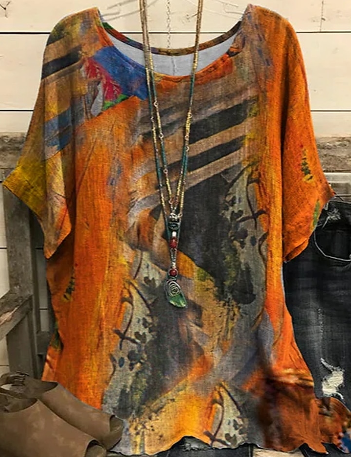 Women's Plus Size Blouse Chiffon Vintage Casual Print Dolman Sleeve Short Sleeve Crew Neck Vacation Daily Dark Yellow Summer Spring 2026 - $31.99 –P1