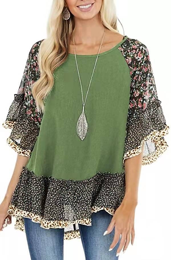 Damskie Koszula Koszula Boho Tunika Bluzka Kwiaty Panterka Moda miejska Codzienny Rękaw 3/4 Okrągły dekolt Zwykłe topy Codzienny Weekend Falbana Nadruk Lejąca tunika Czarny Biały Jasnozielony 2025 - $31.99 –P13