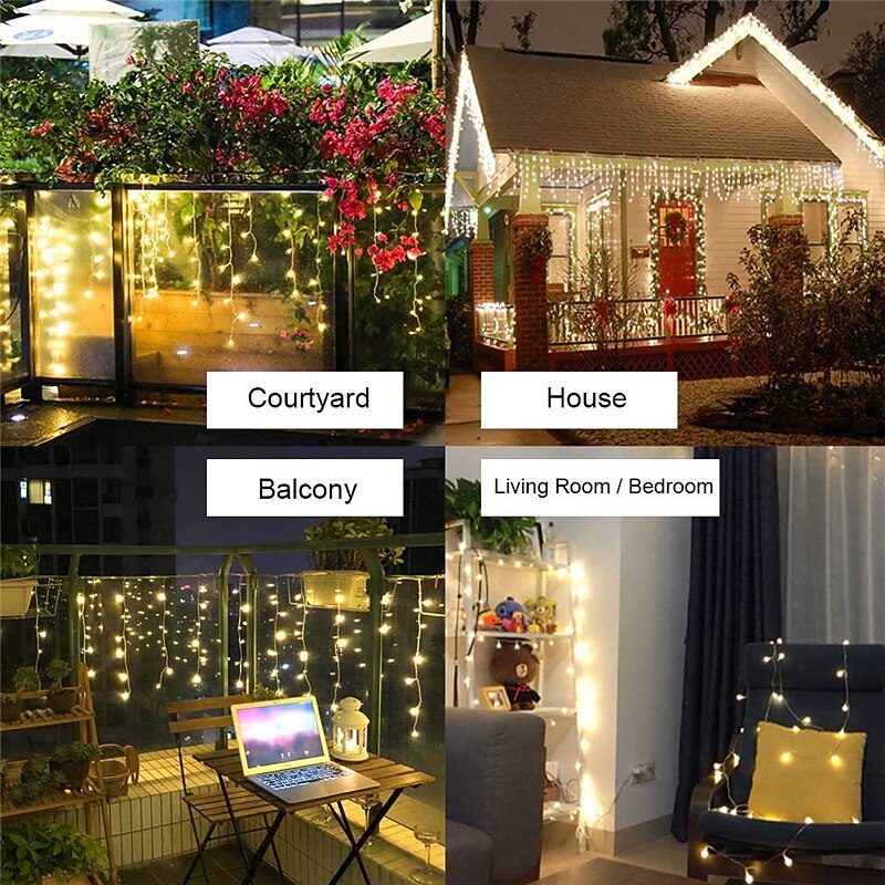 Solar Powered Pergola Lights – 100 LED Warm White Curtain, Indoor Outdoor Garden Decor