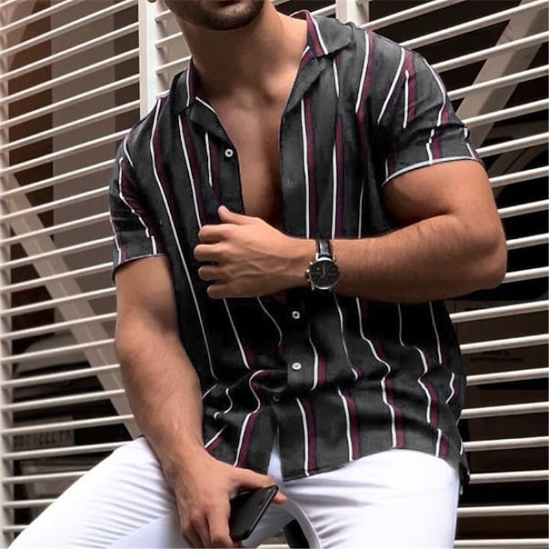 Men's Shirt Turndown Sports Fashion Classic Summer Short Sleeve Army Green Navy Blue Gray Striped Turndown Street Casual Button-Down Clothing Clothes Cotton Cotton Blend Sports Fashion Classic 2025 - $10.99 –P4