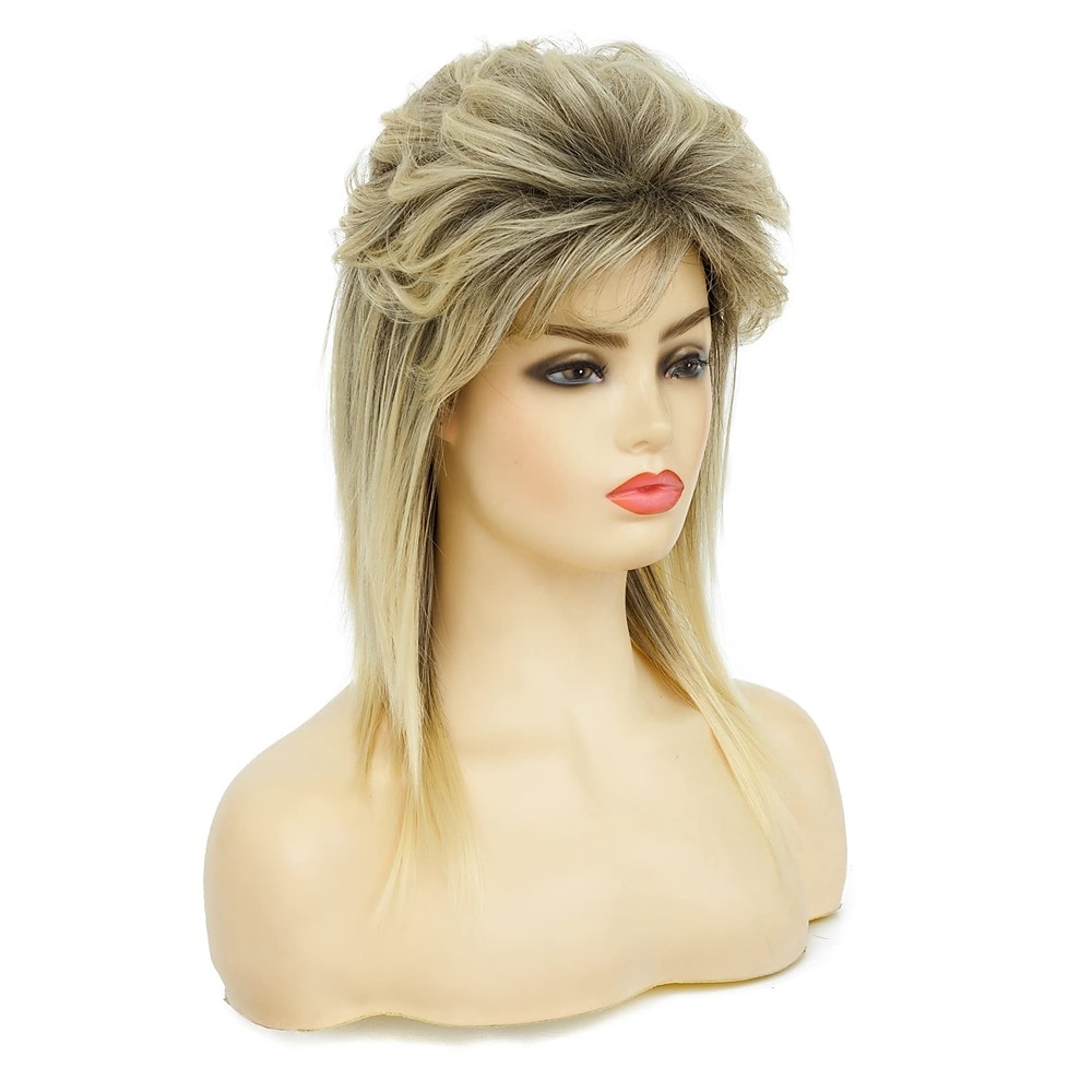 Parrucche a Nido d'Api Parrucca Mullet Capelli Metal Bionda Parrucca Mullet per Donne Ombre Nere Ricce Morbide Resistenti al Calore Capelli Lunghezza Spalla Rocker degli Anni '80 Cosplay Radici Scure del 2025 a $28.99 –P4