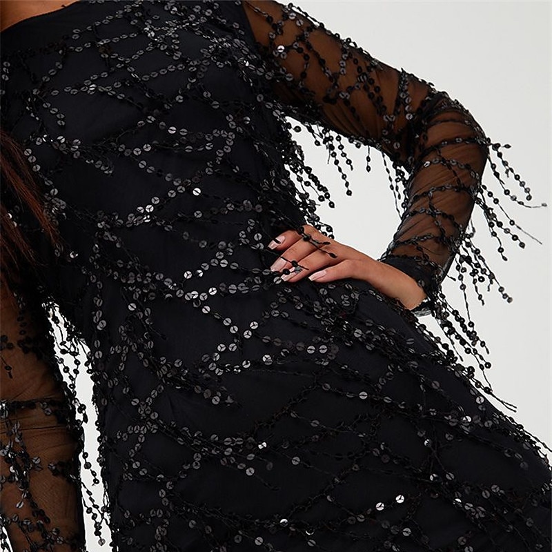 Women‘s Sequin Dress Fringe Dress Party Dress Sparkly Dress Little Black Dress Sexy Dress Black Homecoming Dress Mini Dress Long Sleeve Fall Winter Autumn Crew Neck Fashion Winter Dress Fall 2023 - US $36.99 –P3