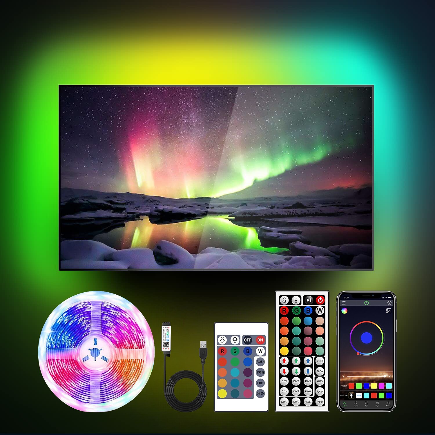 Bande lumineuse LED étanche avec télécommande, bandes lumineuses USB RVB multicolores, synchronisation de la musique Bluetooth, changement de couleur pour le rétroéclairage du téléviseur, la chambre, la cuisine, la fête et la décoration extérieure de 2025 ? $12.99 -P10