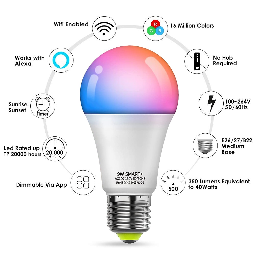 6pcs 4pcs 2pcs10W WiFi Smart LED Light Bulb Work with Alexa & Google Dimmable A19 A60 E26 E27 RGBCCT Color Changing No Hub Required 2025 - $24.99 –P7