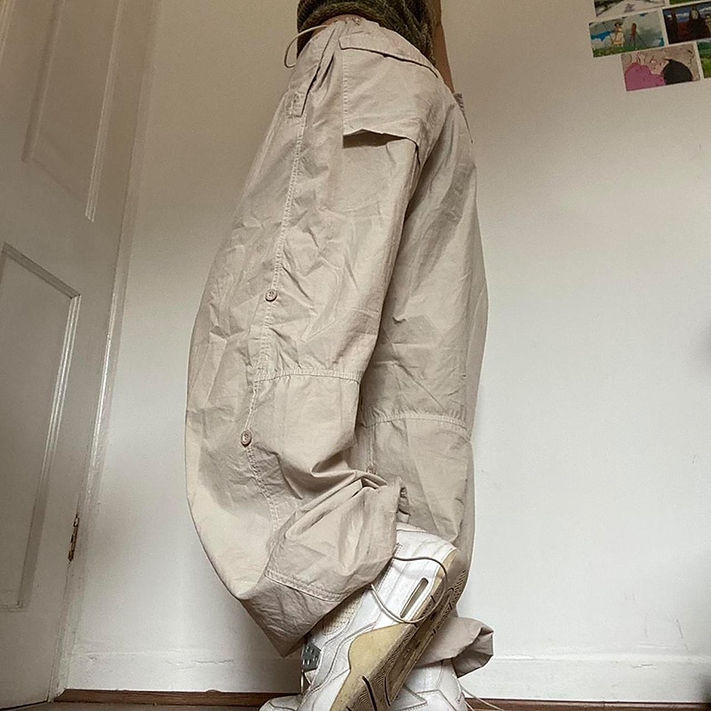 Women‘s Cargo parachute pants Trousers Baggy Full Length Cotton Blend Side Pockets Baggy Micro-elastic Mid Waist Fashion Casual Weekend Black Brown S M Summer Spring &  Fall 2023 - US $29.99 –P13