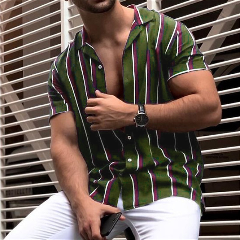 Men's Shirt Turndown Sports Fashion Classic Summer Short Sleeve Army Green Navy Blue Gray Striped Turndown Street Casual Button-Down Clothing Clothes Cotton Cotton Blend Sports Fashion Classic 2025 - $10.99 –P3