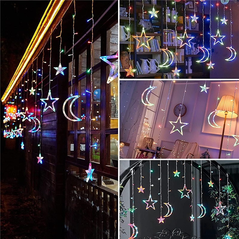 Luz de luna y estrella LED con energía solar y control remoto, iluminación navideña para vacaciones, luces LED de cadena flexibles para guirnalda, césped, patio, camping, decoración colorida, 2025 - $59.99 –P16