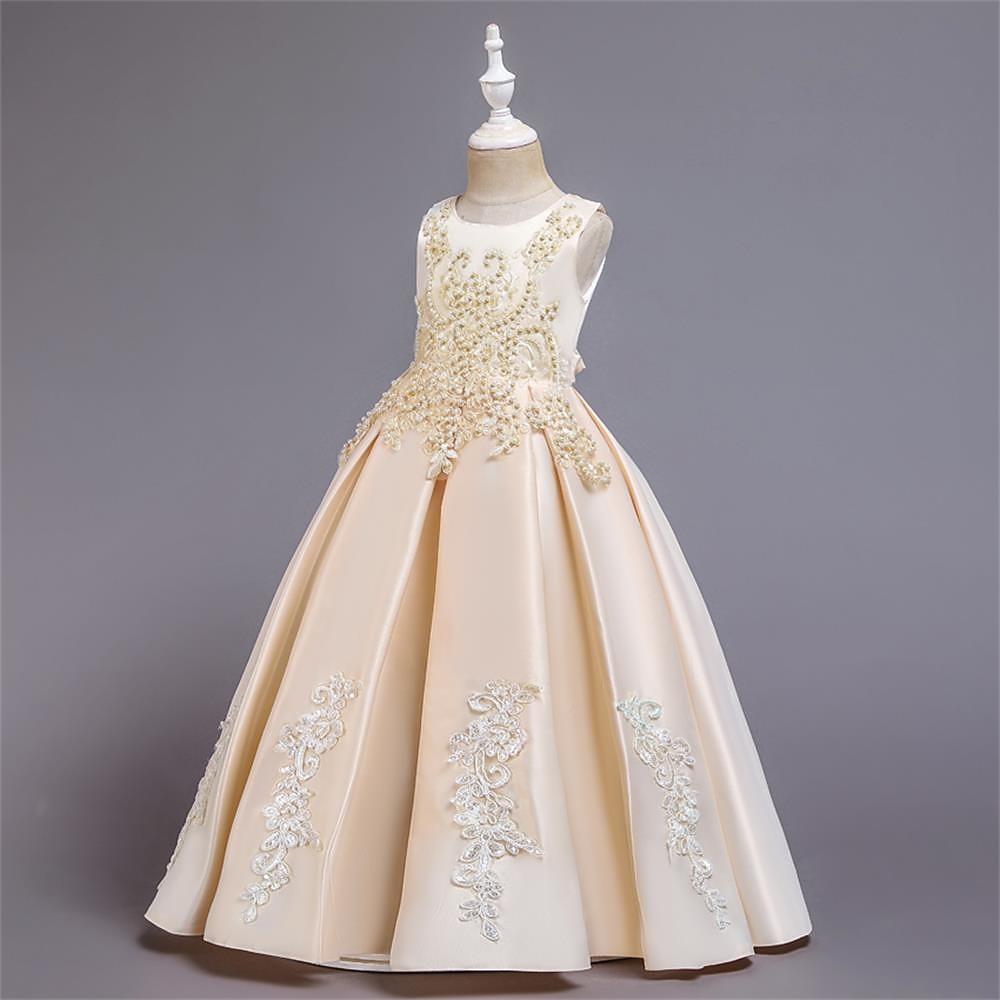 Blumenmädchenkleid Mädchen Kleid Abendkleid Party Kleid Hochzeit Party Besondere Anlässe Kuschelig Prinzessin Bestickt Schleife Einfarbig Ärmellos Rundhalsausschnitt Weiß Champagner 4-13 Jahre 2025 - $44.99 –P3