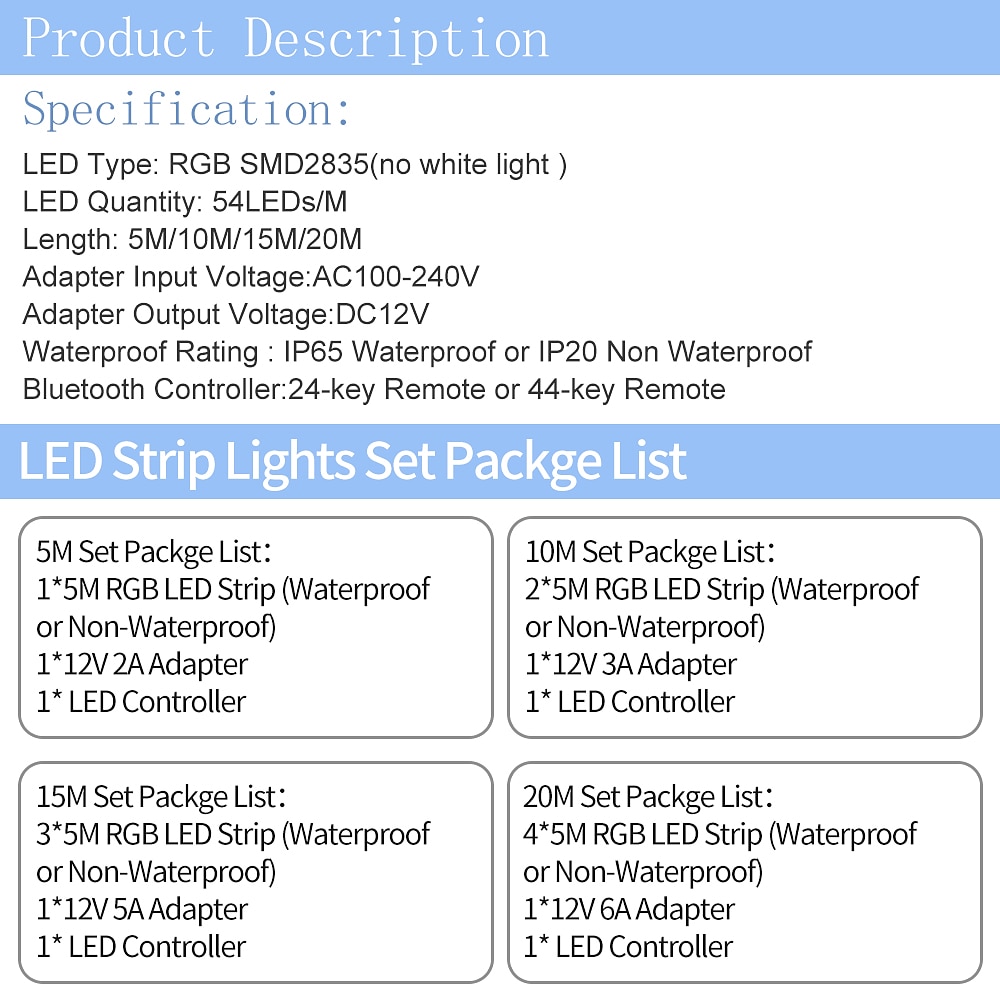 LED Strip Lights RGB 5M 10M 15M 20M LED Lights Flexible Color Change SMD  with IR Remote Controller and 100-240V Adapter for Home Bedroom Kitchen TV  Back Lights DIY Decor DC12V 8095028