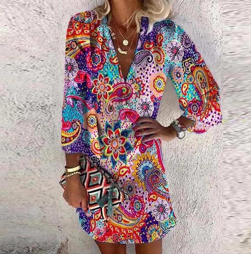 damen casual kleid ethno kleid minikleid rot 3/4 ärmel floral print sommer frühling herbst v-ausschnitt casual weekend 2023 s m l xl xxl 3xl 2025 - $31.99 –P1