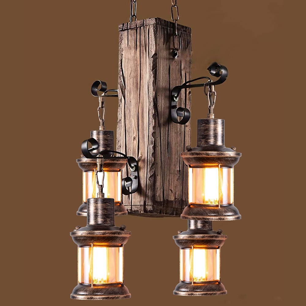 Wooden Retro Chandelier Industrial Retro Chandelier Black Metal Bedroom Dining Room Suspension Lantern Frame with Glass Shade House Loft Bar Coffee Decoration Chandelier Accessories, E27 2025 - $174.99 –P8