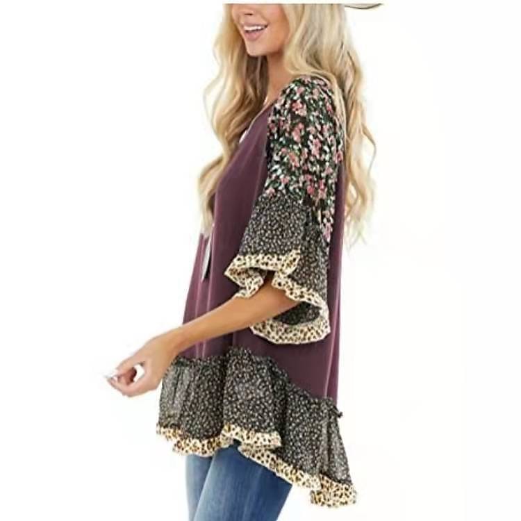 Damskie Koszula Koszula Boho Tunika Bluzka Kwiaty Panterka Moda miejska Codzienny Rękaw 3/4 Okrągły dekolt Zwykłe topy Codzienny Weekend Falbana Nadruk Lejąca tunika Czarny Biały Jasnozielony 2025 - $31.99 –P6