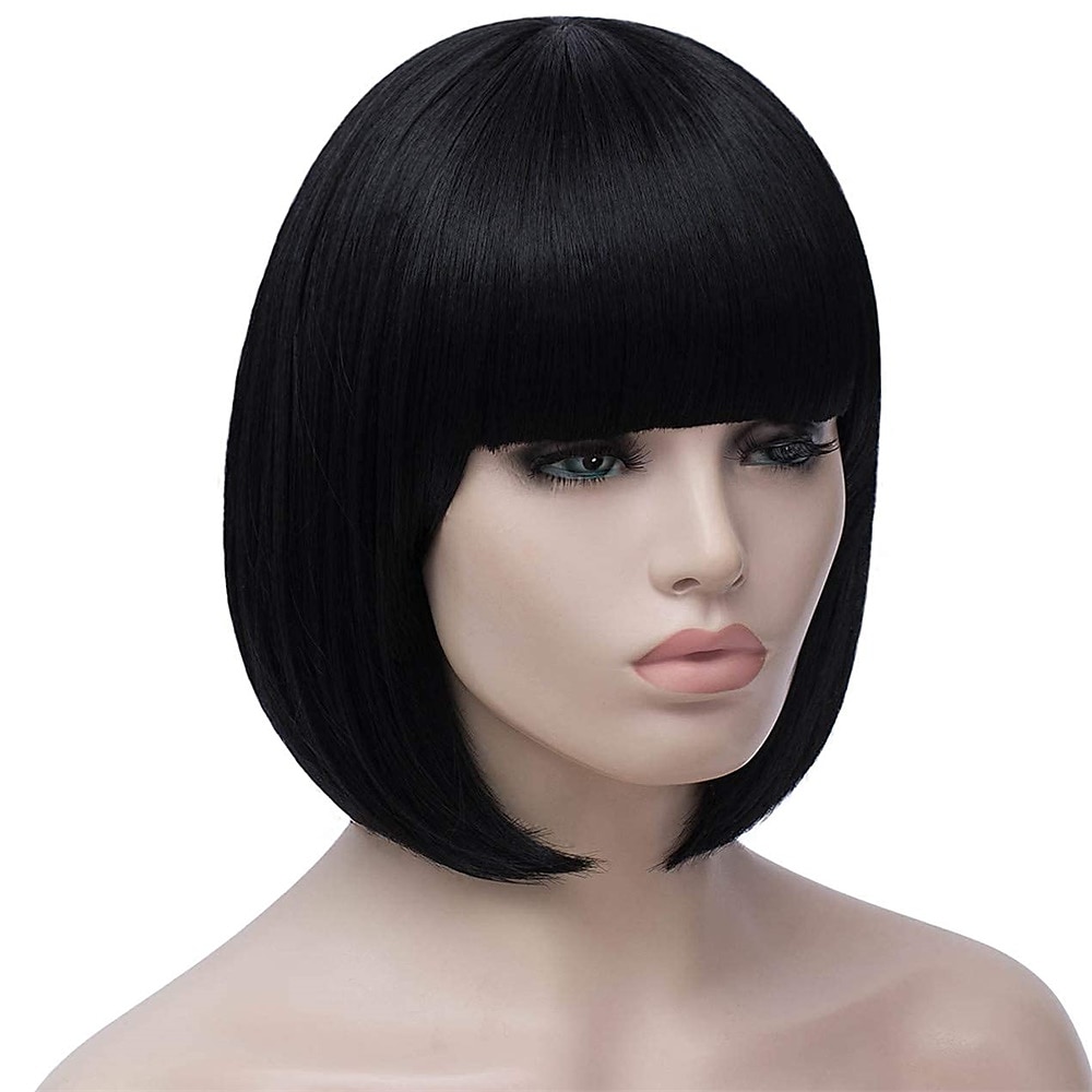 Svarte bob parykker kvinner 12'' kort svart hår parykkel med pannelugg Mia Wallace cosplay syntetisk parykk søte fargede parykker daglig fest Halloween parykker 2025 - $24.99 –P4