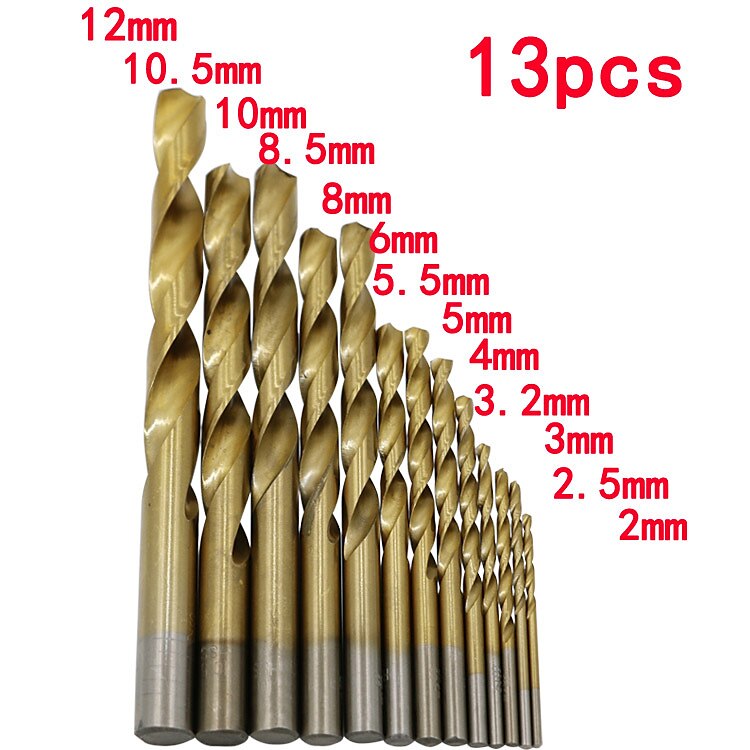 13pc 2-12mm Round Shank Twist Drill Bit Set Titanium Coated Hole Cutter High Speed Steel Gun Drill Bit Woodworking Metal Tool 2025 - $15.99 –P5