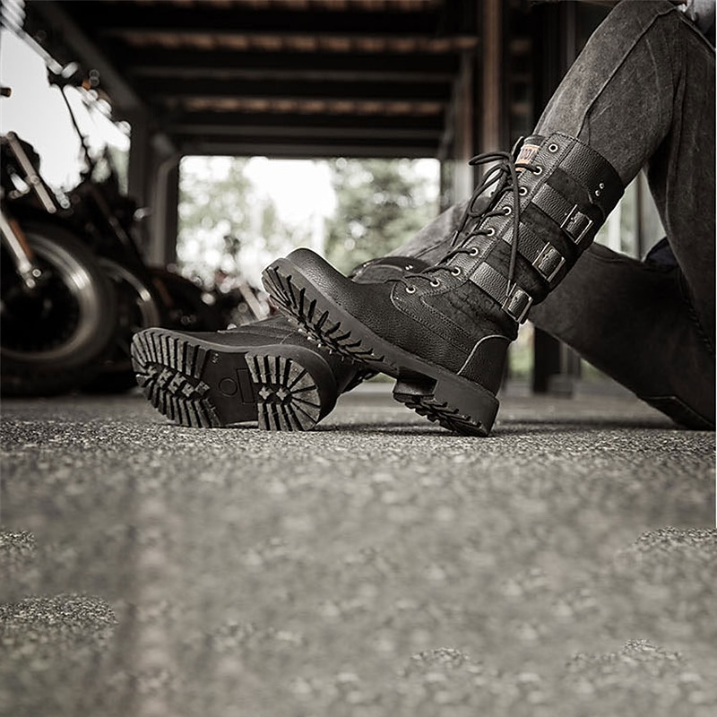 Men's Black Leather Motorcycle Boots with Buckle Straps and Lace-Up Design for Biker Style 2025 - $69.99 –P3