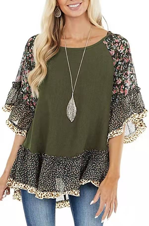 Damskie Koszula Koszula Boho Tunika Bluzka Kwiaty Panterka Moda miejska Codzienny Rękaw 3/4 Okrągły dekolt Zwykłe topy Codzienny Weekend Falbana Nadruk Lejąca tunika Czarny Biały Jasnozielony 2025 - $31.99 –P10