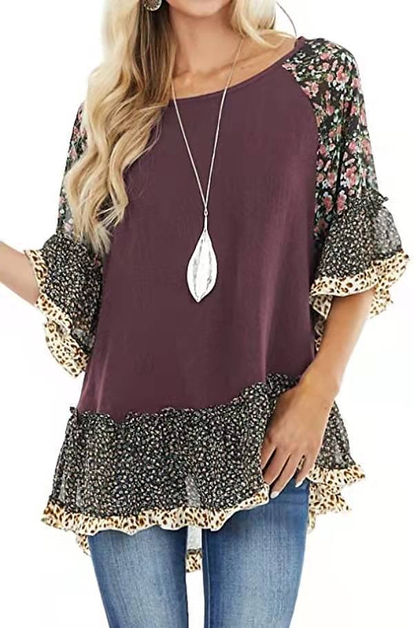 Damskie Koszula Koszula Boho Tunika Bluzka Kwiaty Panterka Moda miejska Codzienny Rękaw 3/4 Okrągły dekolt Zwykłe topy Codzienny Weekend Falbana Nadruk Lejąca tunika Czarny Biały Jasnozielony 2025 - $31.99 –P5