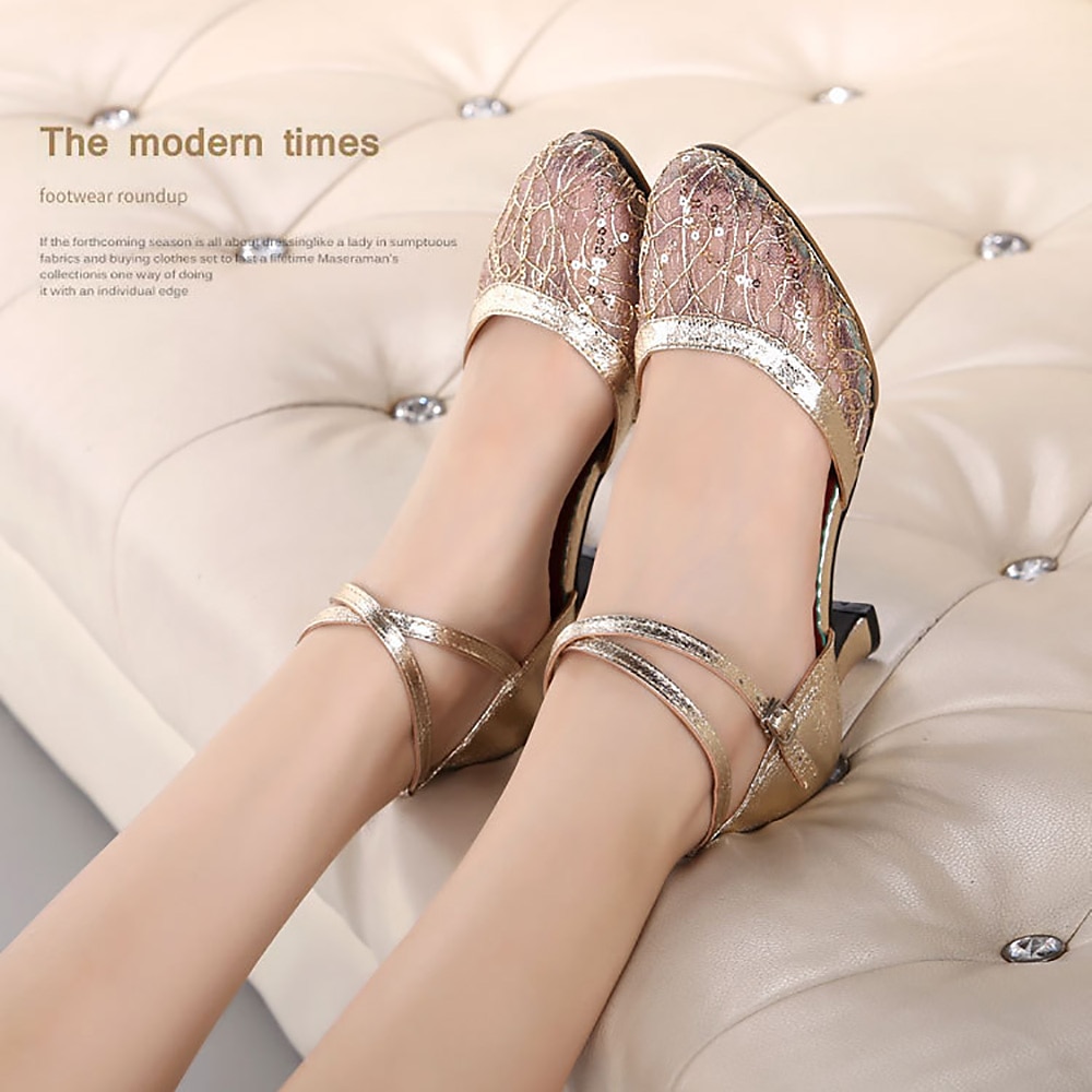 Women's Silver Mesh Lace Dance Shoes – Low Heel Latin Ballroom Heels with Ankle Strap for Weddings and Special Events 2025 - $42.99 –P1