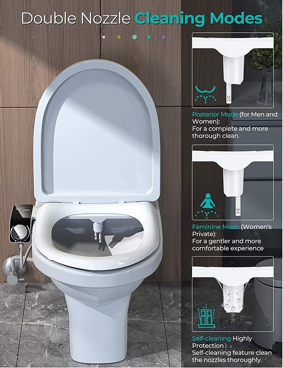 2025年 トイレ用ビデ アタッチメント - セルフ クリーニング デュアル ノズル、非電気ビデ、圧力制御付き温水ビデ スプレー  コレクション – $48.99 –P4
