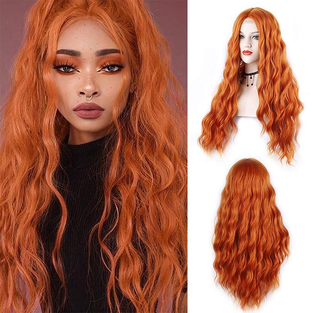 sadie vask parykk auburn parykk for kvinner lang bølget kobber rød parykk krøllet syntetisk blonder parykk vann bølge ingefær parykk dyp bølge halloween cosplay daglig fest hår erstatning parykk 2025 - $36.99 –P3
