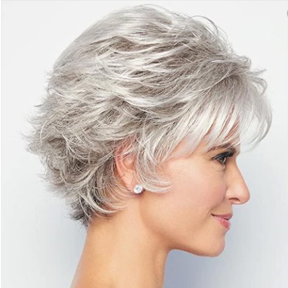 krótkie kręcone szare peruki pixie dla białych kobiet sliver szare warstwowe peruki syntetyczne naturalnie wyglądające pixie cut puszyste peruki z grzywką peruki świąteczne 2025 - $17.49 –P2